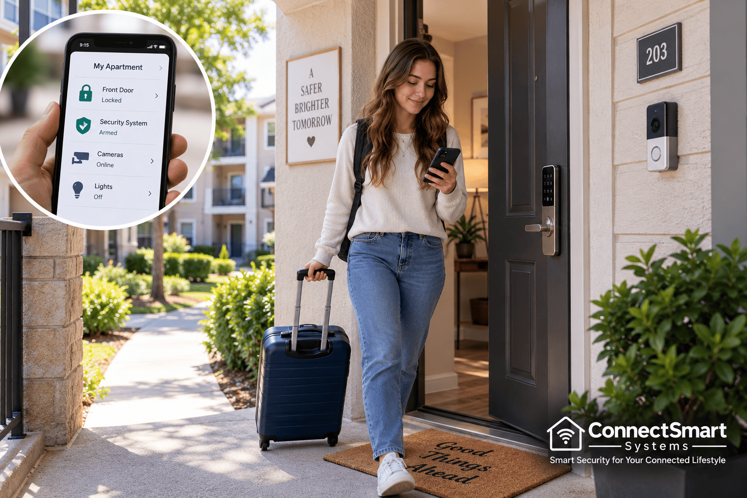 College student checking apartment security before leaving Gainesville for a school break